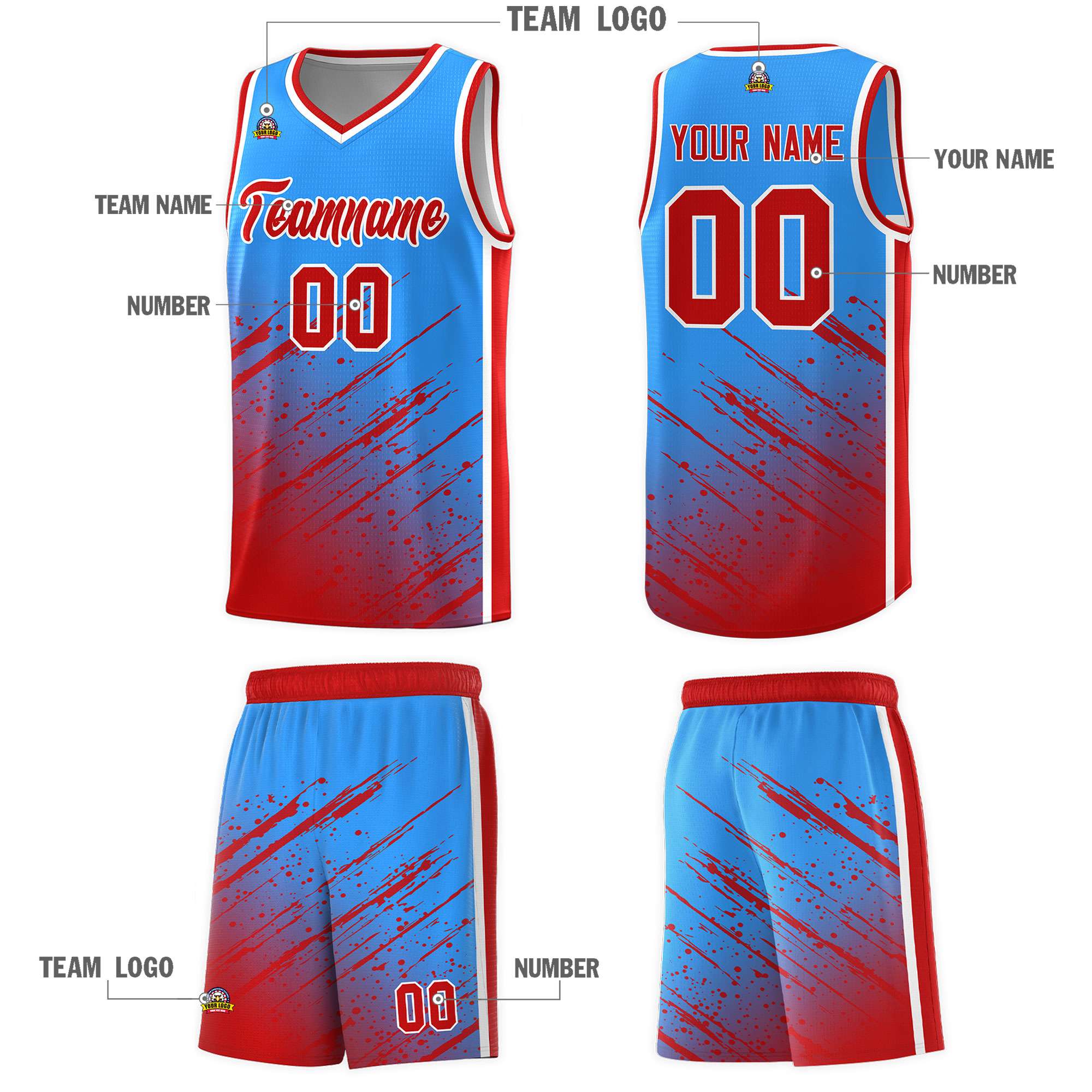 Custom Powder Blue Basketball Kits With Red Paint Graffiti