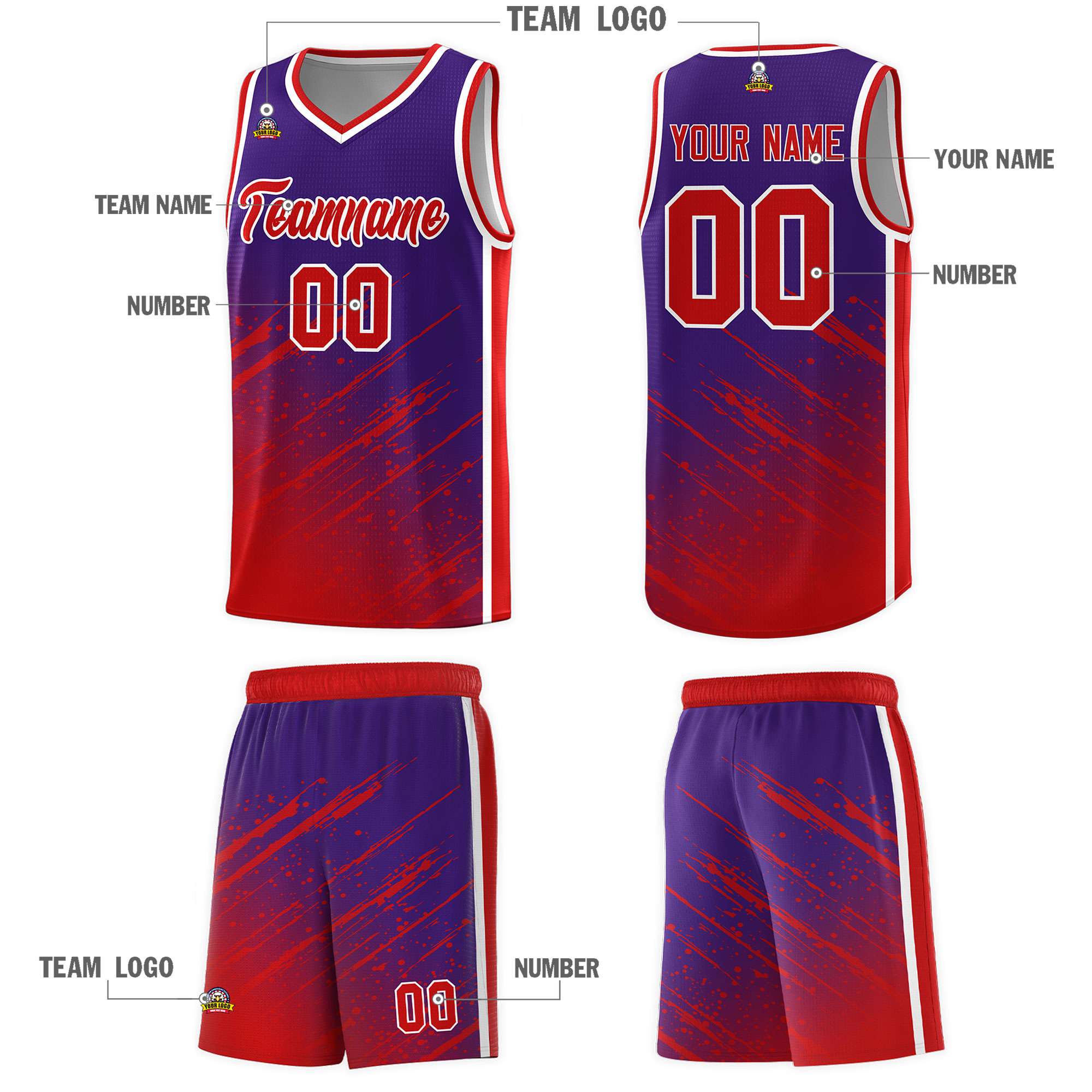 Custom Purple Basketball Kits With Red Paint Graffiti