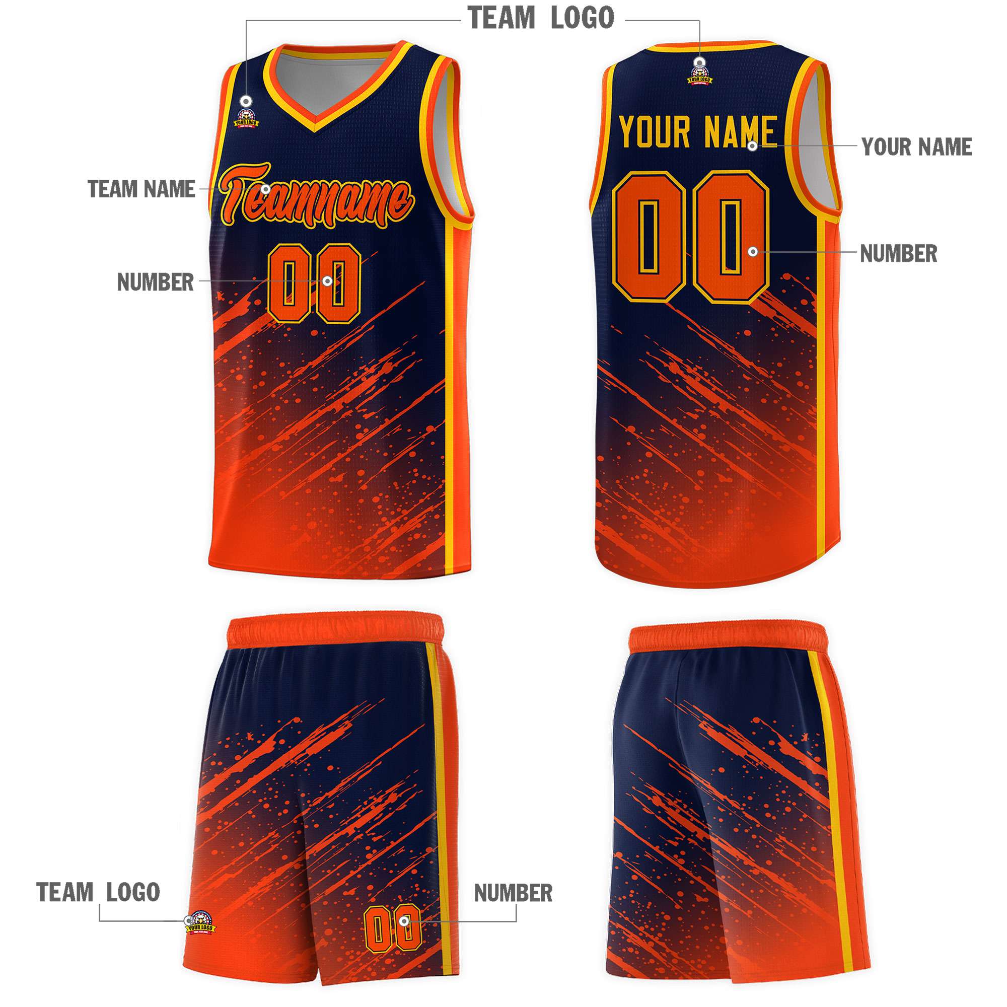 Custom Navy Basketball Kits With Orange Paint Graffiti