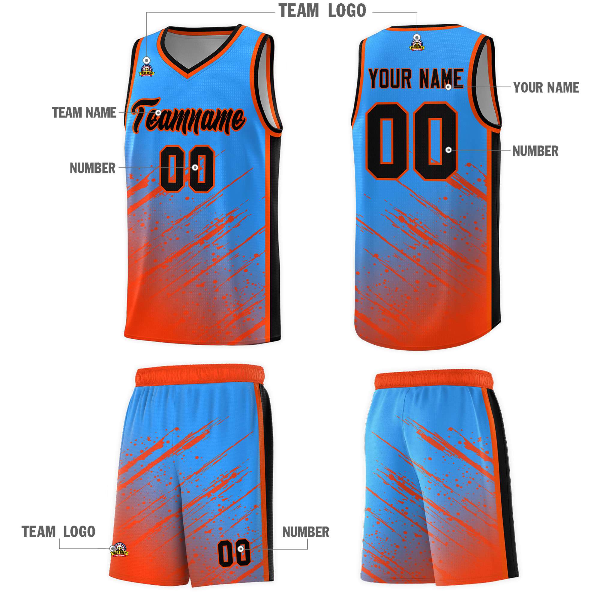 Custom Powder Blue Basketball Kits With Orange Paint Graffiti