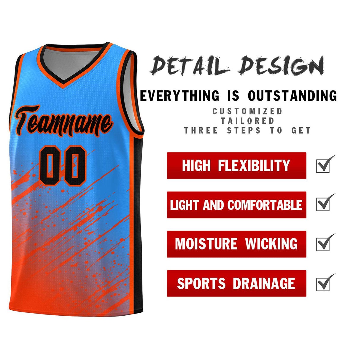 Custom Powder Blue Basketball Kits With Orange Paint Graffiti