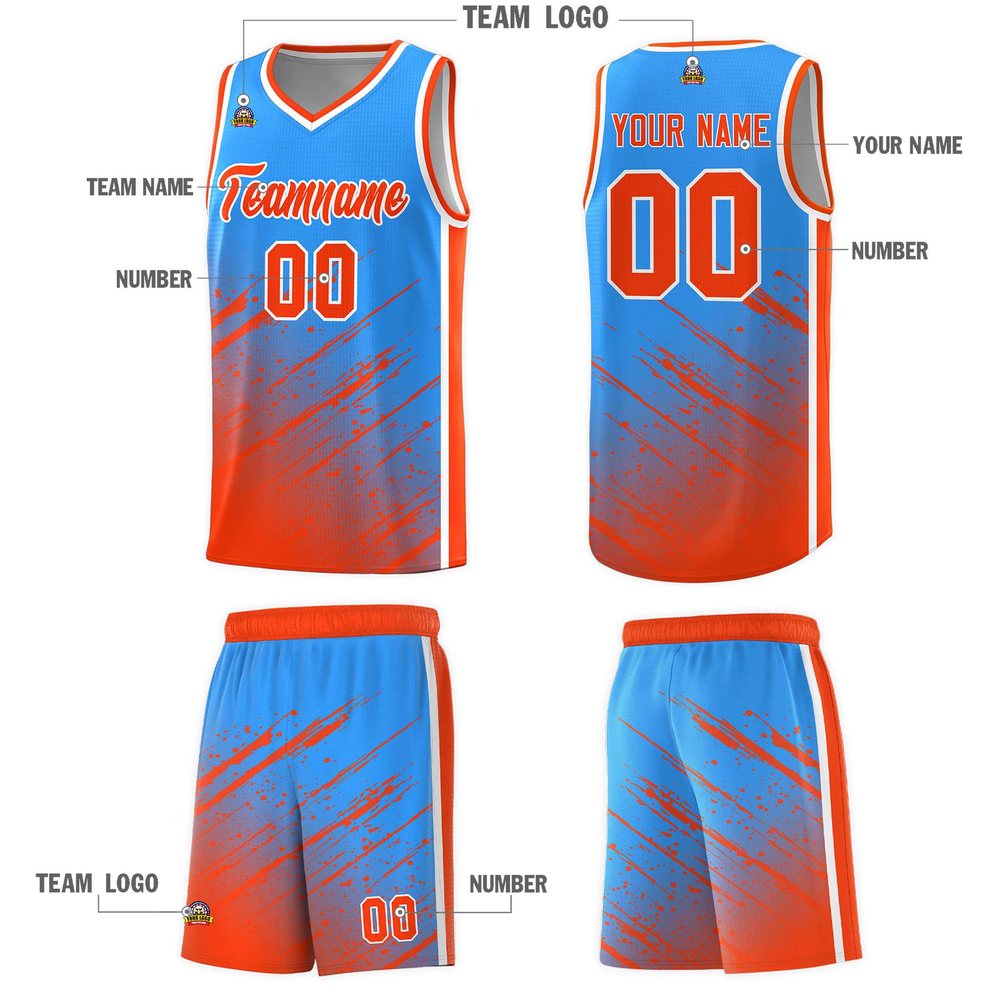 Custom Powder Blue Basketball Kits With Orange Paint Graffiti