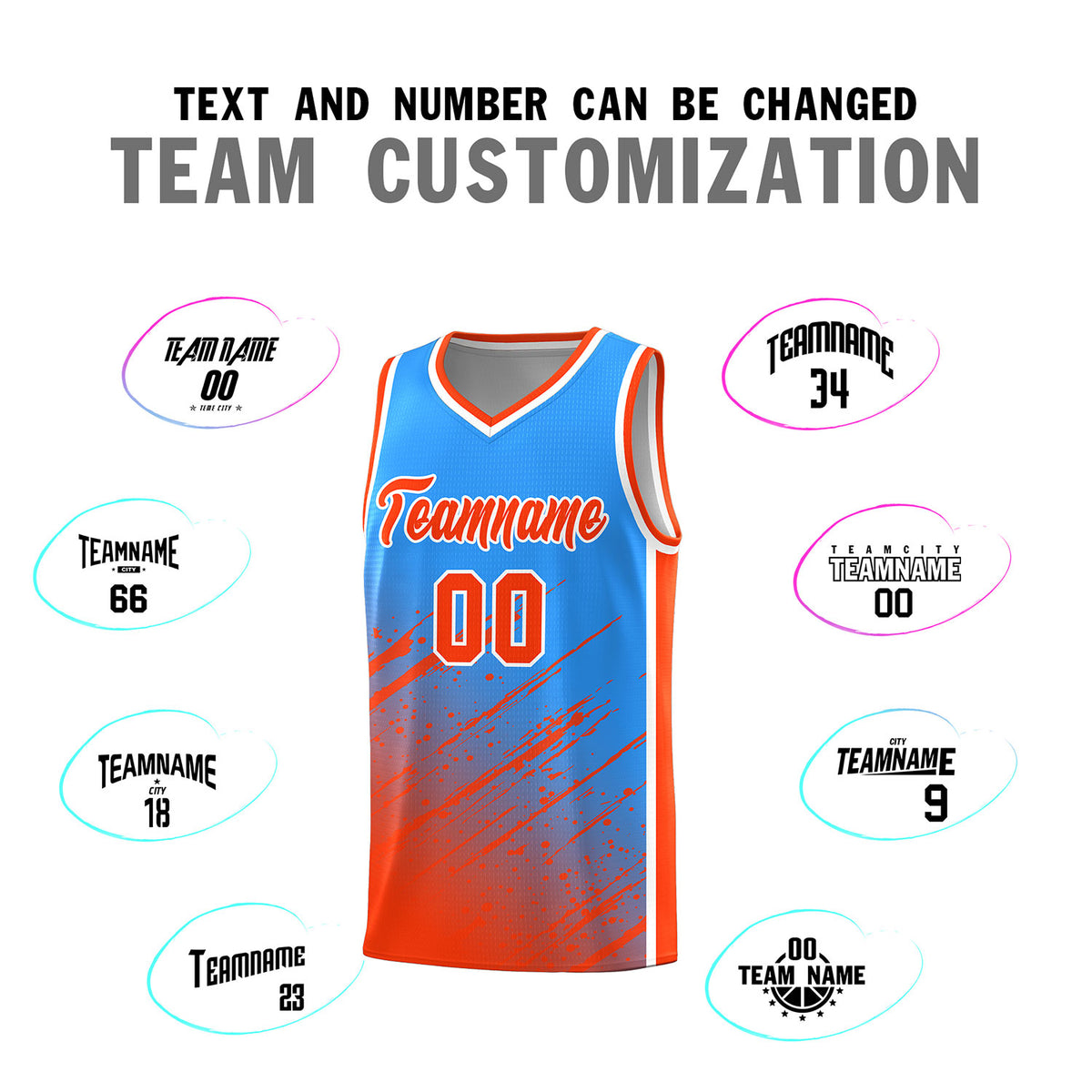 Custom Powder Blue Basketball Kits With Orange Paint Graffiti