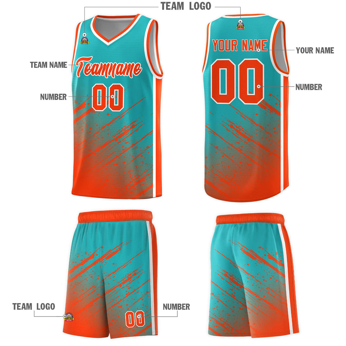 Custom Aqua Basketball Kits With Orange Paint Graffiti