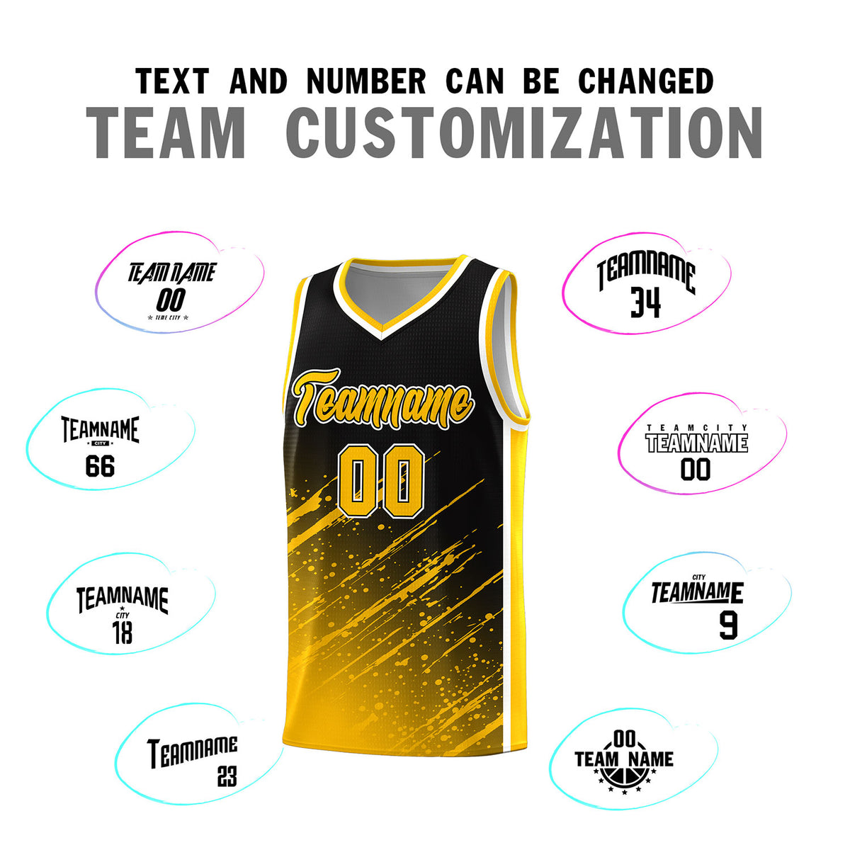 Custom Black Basketball Kits With Yellow Paint Graffiti