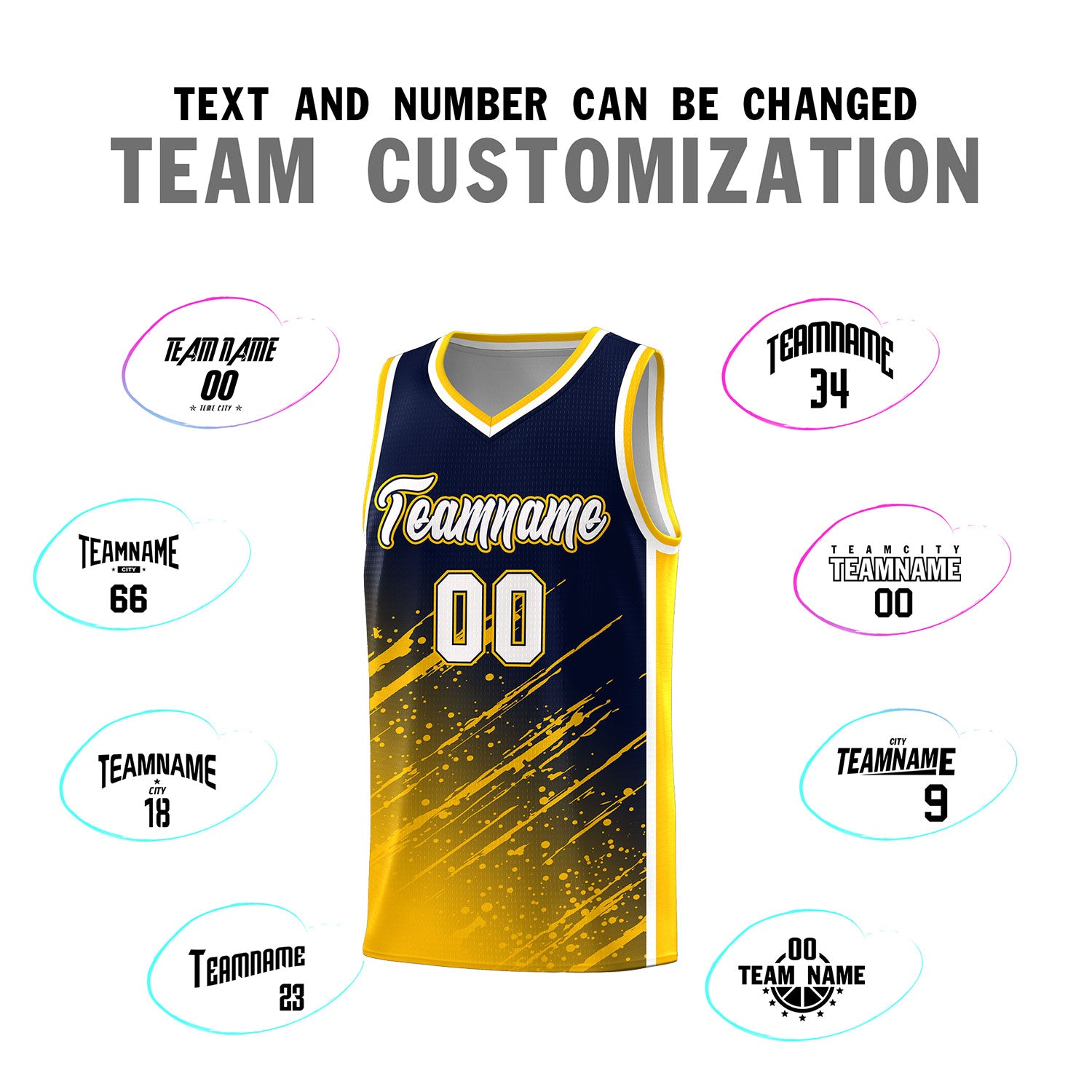 Custom Navy Basketball Kits With Yellow Paint Graffiti