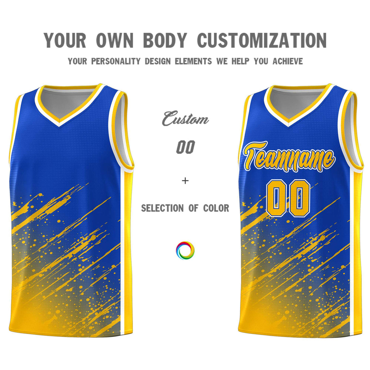 Custom Royal Basketball Kits With Yellow Paint Graffiti