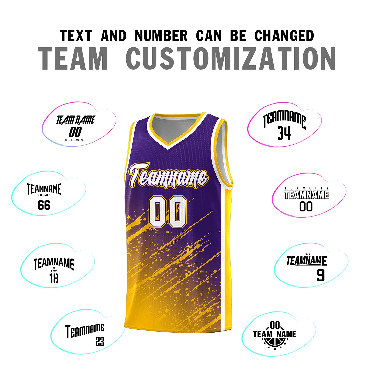 Custom Purple Basketball Kits With Yellow Paint Graffiti