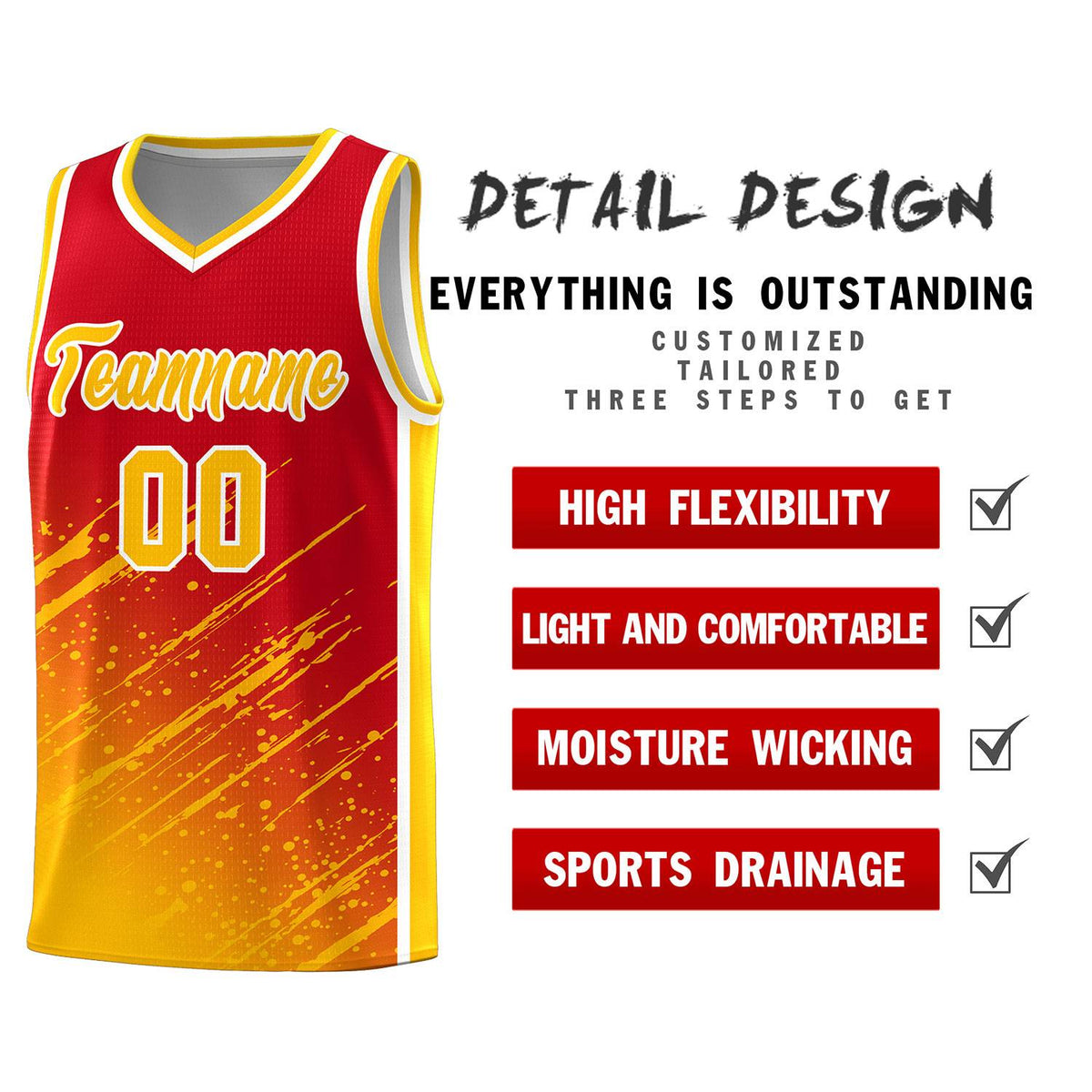 Custom Red Basketball Kits With Yellow Paint Graffiti