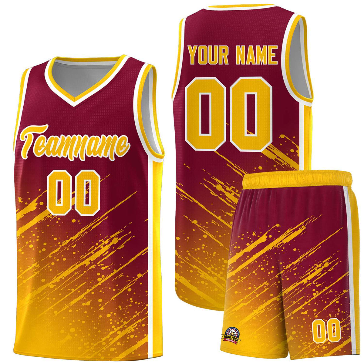 Custom Crimson Basketball Kits With Yellow Paint Graffiti