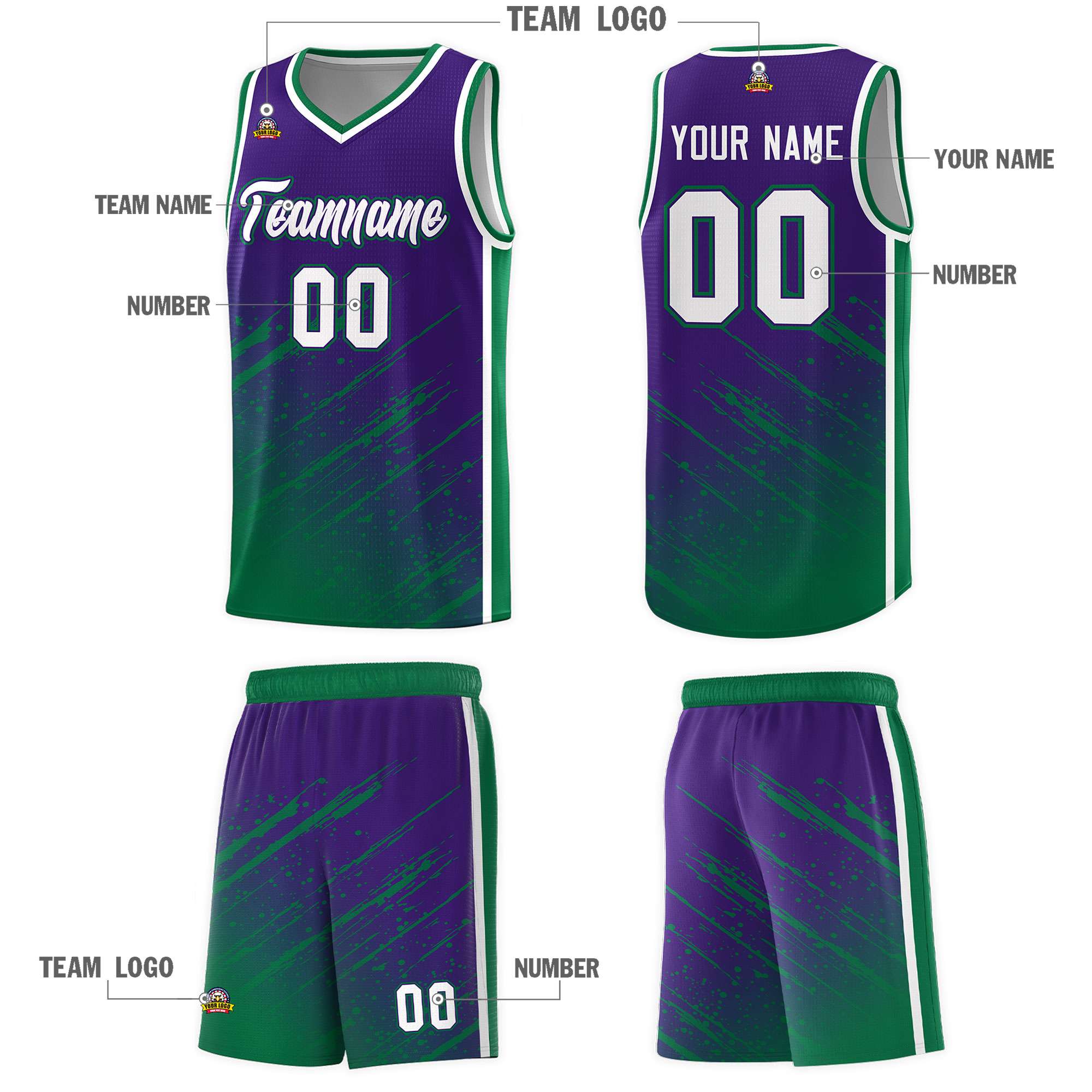 Custom Purple Basketball Kits With Kelly Green Paint Graffiti