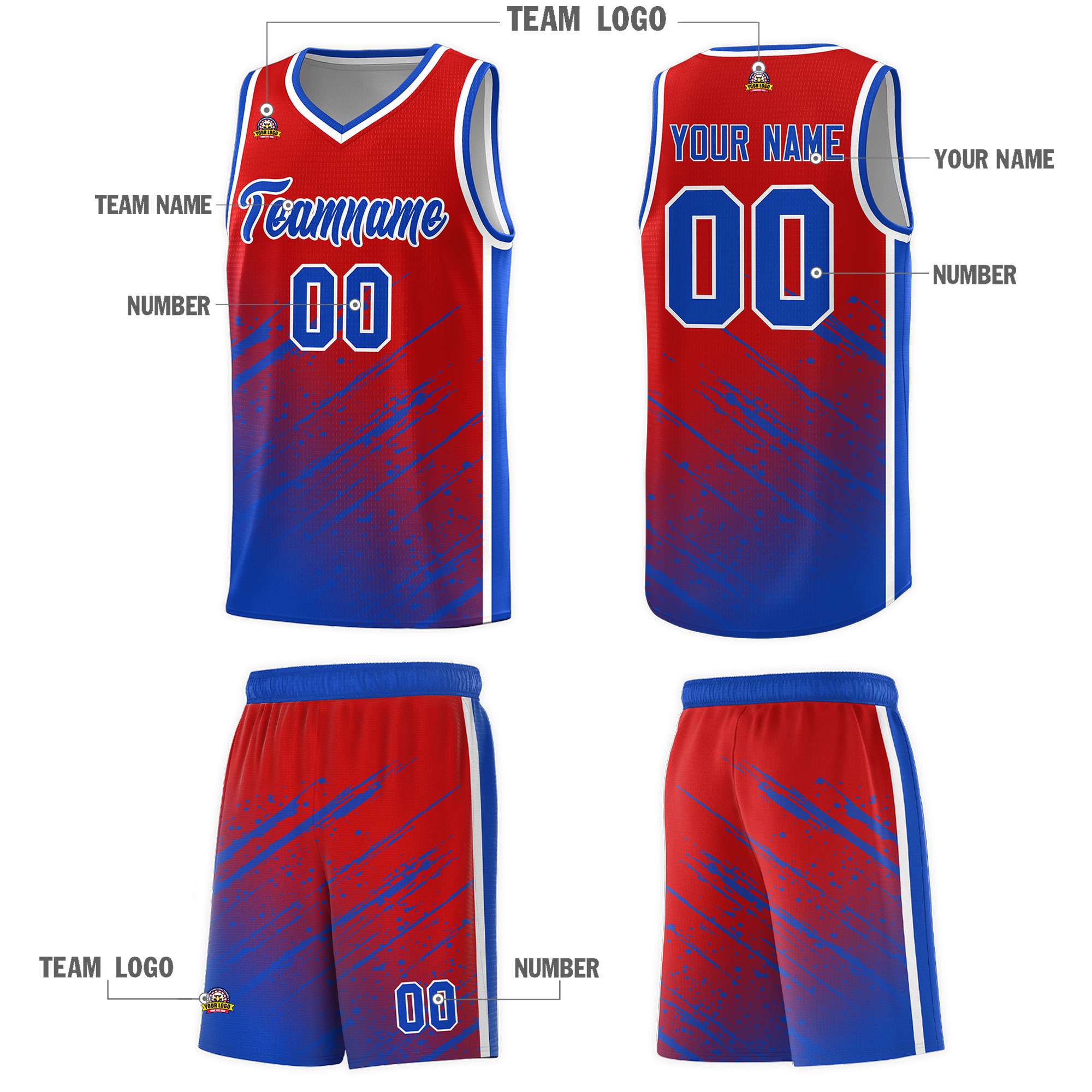 Custom Red Basketball Kits With Royal Paint Graffiti