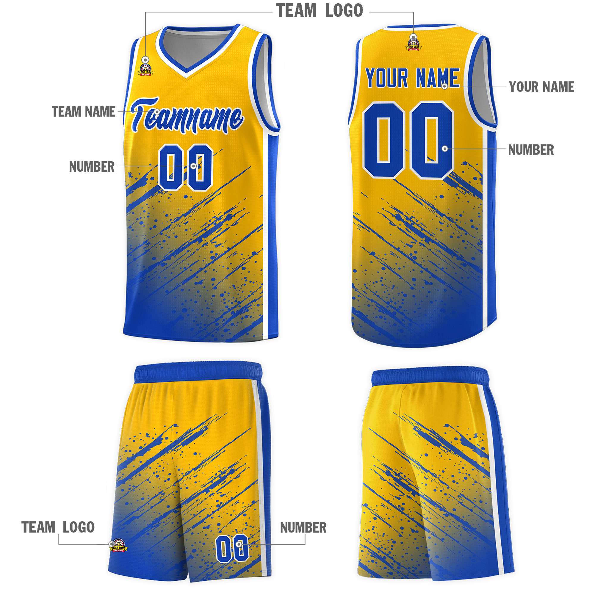 Custom Yellow Basketball Kits With Royal Paint Graffiti