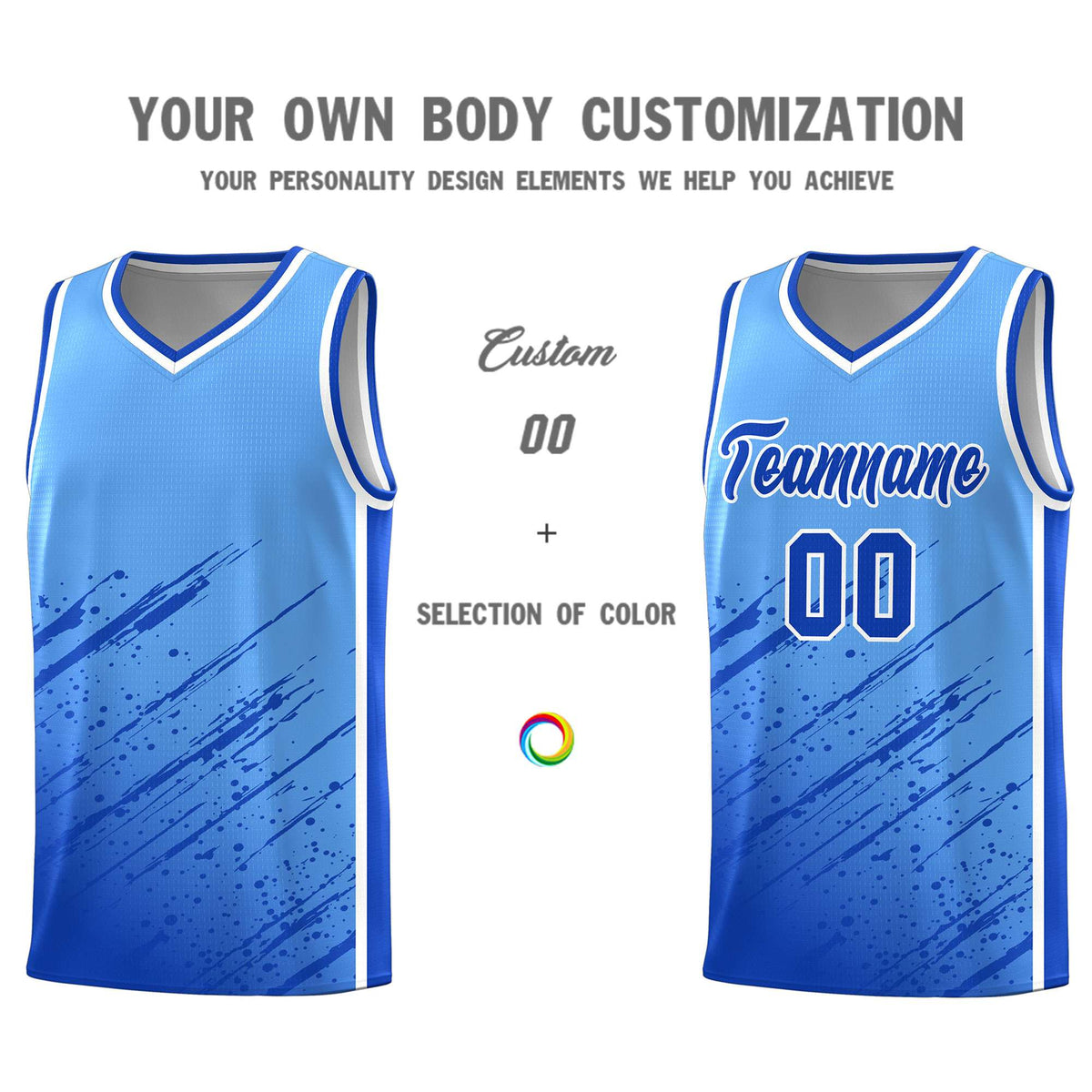 Custom Powder Blue Basketball Kits With Royal Paint Graffiti