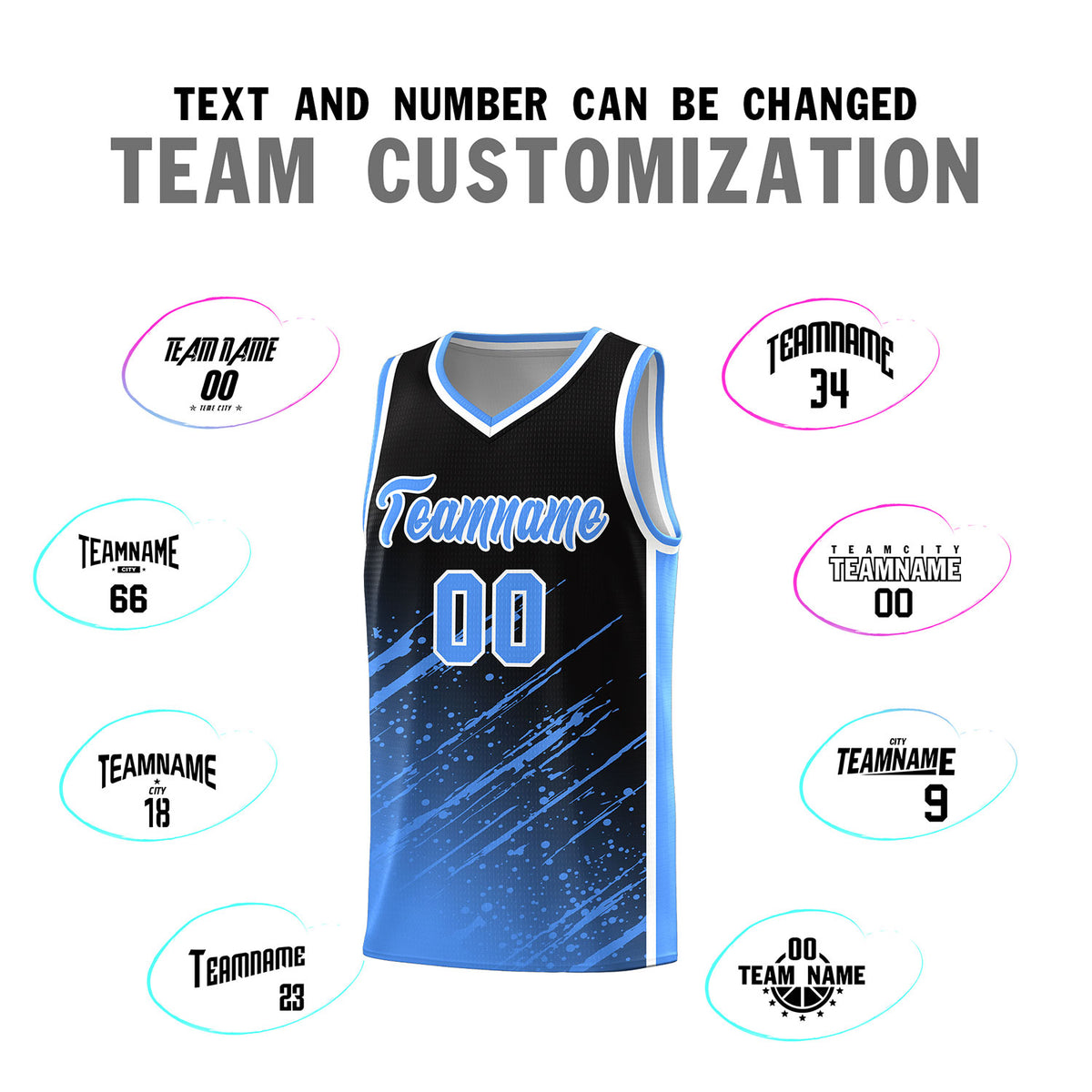 Custom Black Basketball Kits With Powder Blue Paint Graffiti