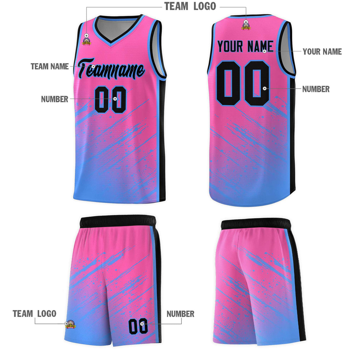 Custom Pink Basketball Kits With Powder Blue Paint Graffiti