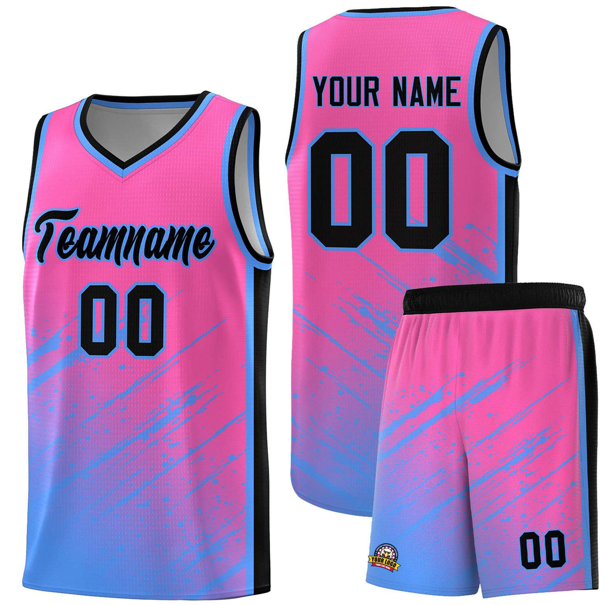 Custom Pink Basketball Kits With Powder Blue Paint Graffiti