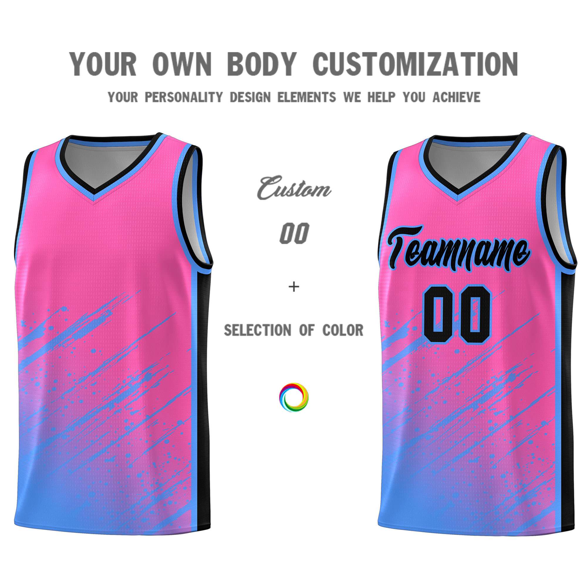 Custom Pink Basketball Kits With Powder Blue Paint Graffiti