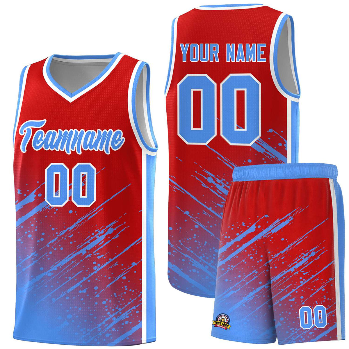Custom Red Basketball Kits With Powder Blue Paint Graffiti