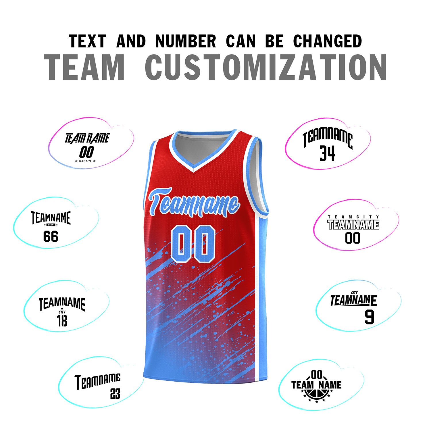 Custom Red Basketball Kits With Powder Blue Paint Graffiti