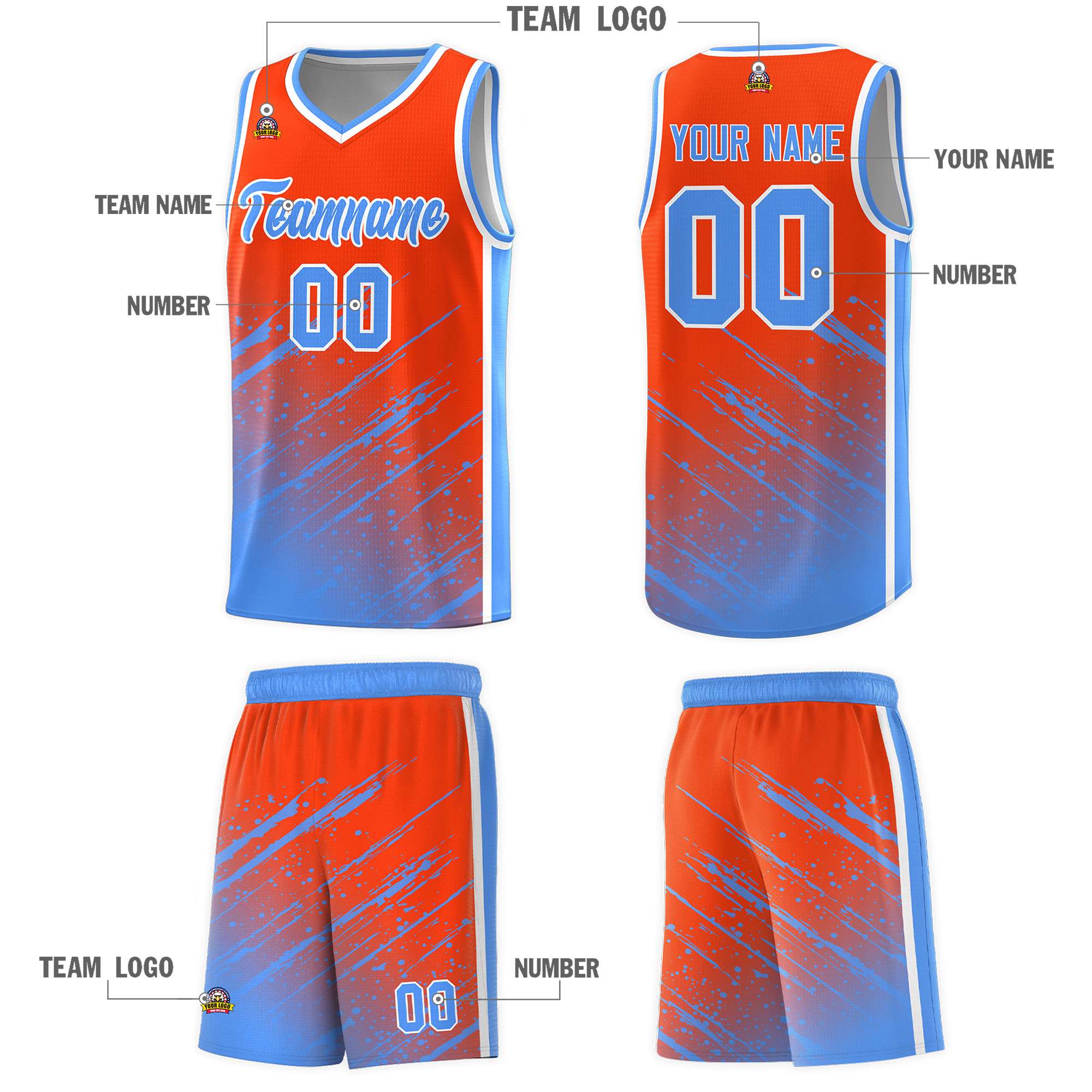 Custom Orange Basketball Kits With Powder Blue Paint Graffiti