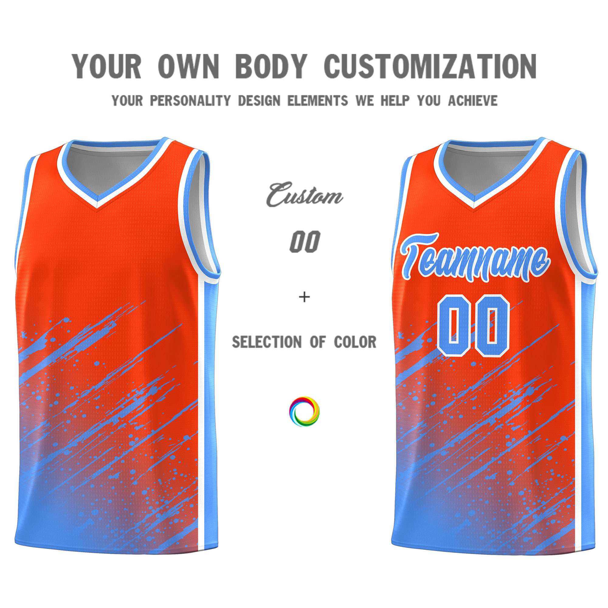 Custom Orange Basketball Kits With Powder Blue Paint Graffiti