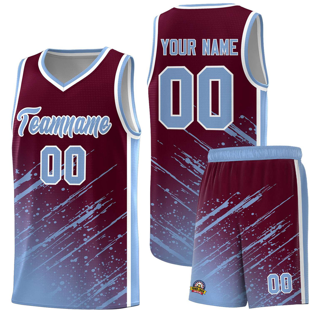 Custom Crimson Basketball Kits With Light Blue Paint Graffiti