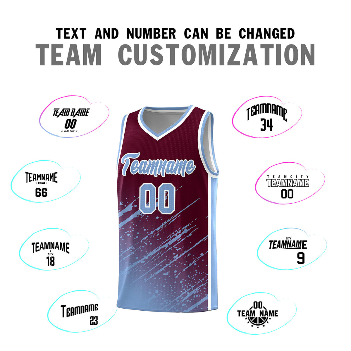 Custom Crimson Basketball Kits With Light Blue Paint Graffiti