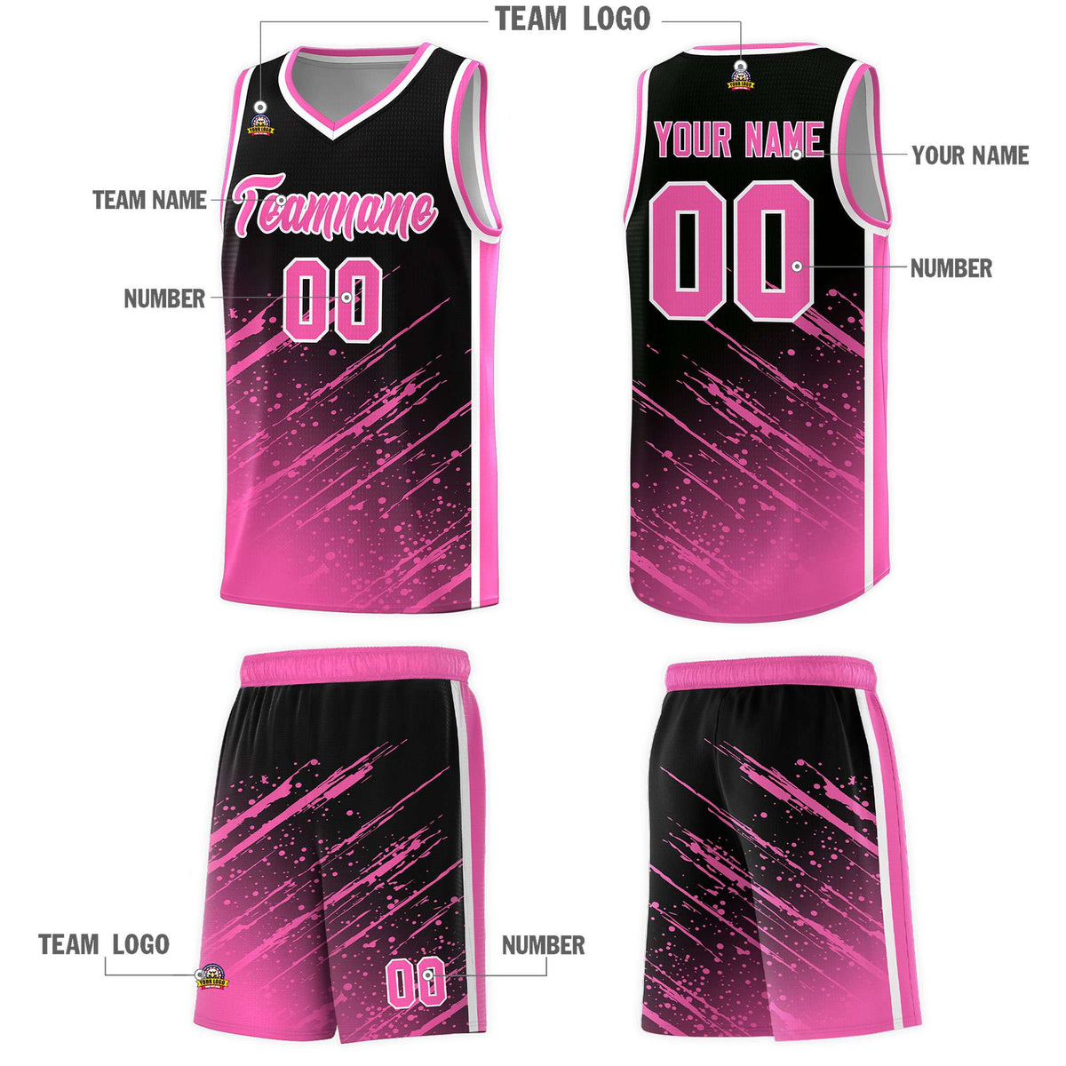 Custom Black Basketball Kits With Pink Paint Graffiti