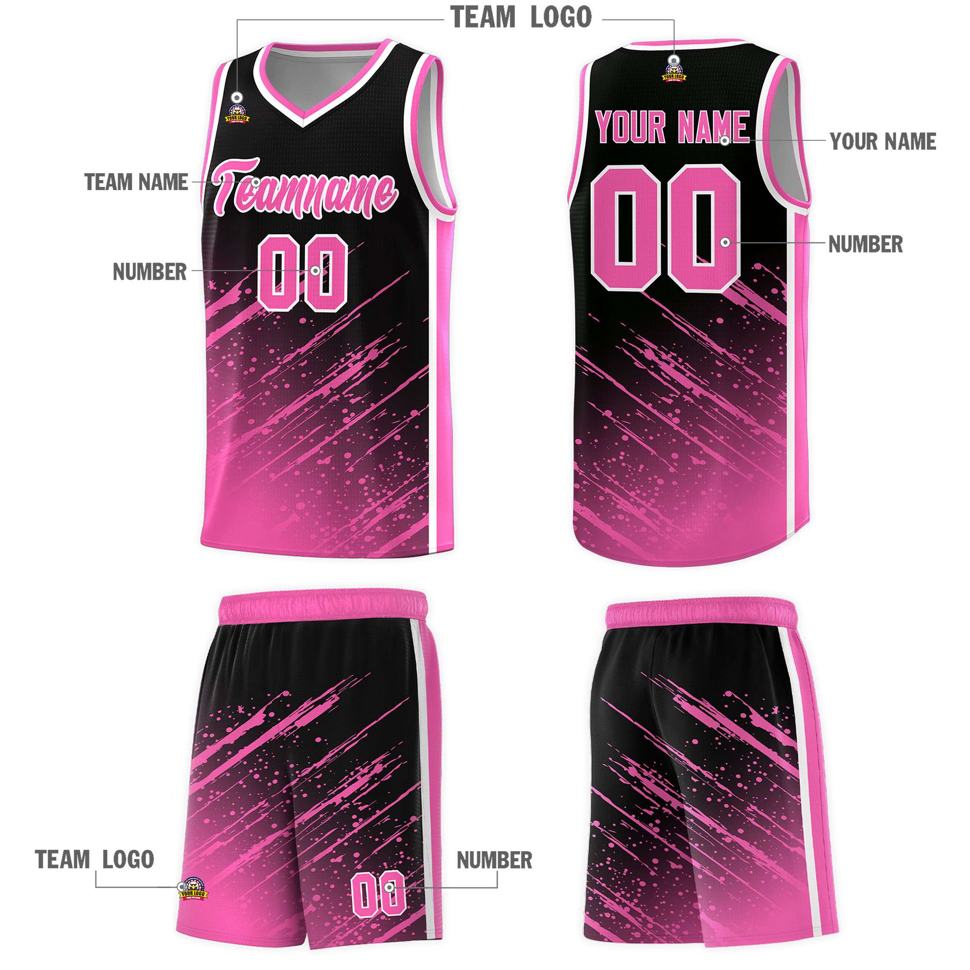 Custom Black Basketball Kits With Pink Paint Graffiti