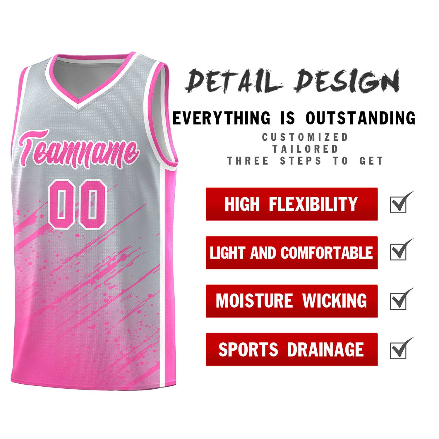 Custom Gray Basketball Kits With Pink Paint Graffiti