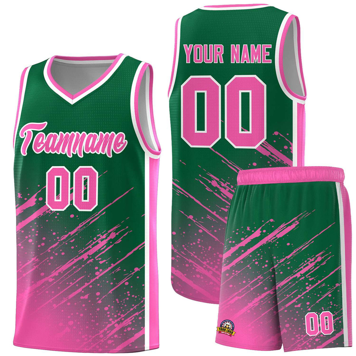 Custom Kelly Green Basketball Kits With Pink Paint Graffiti