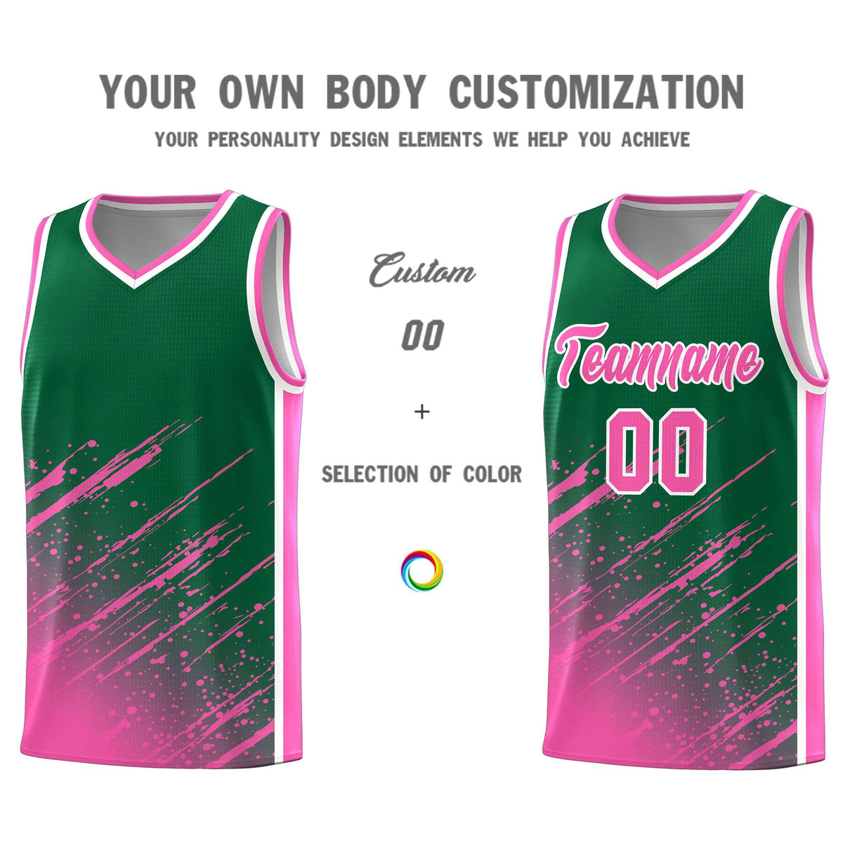 Custom Kelly Green Basketball Kits With Pink Paint Graffiti