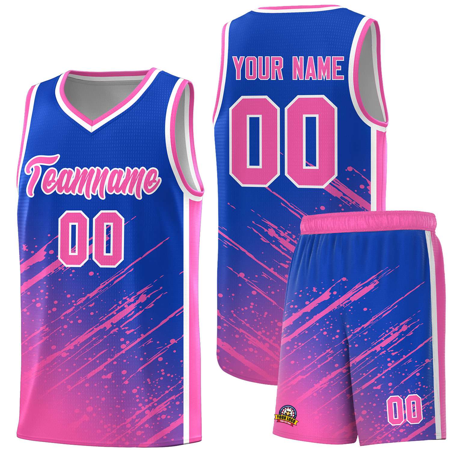 Custom Royal Basketball Kits With Pink Paint Graffiti