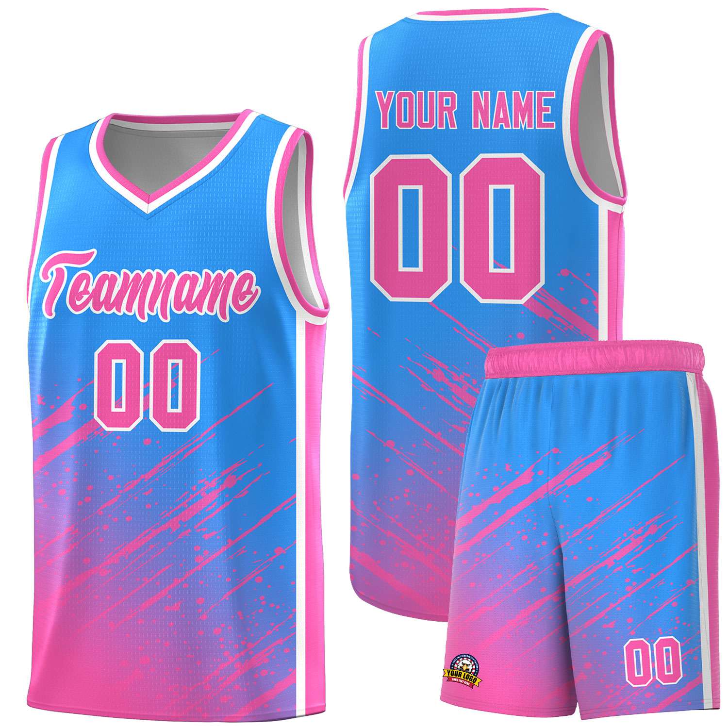 Custom Powder Blue Basketball Kits With Pink Paint Graffiti