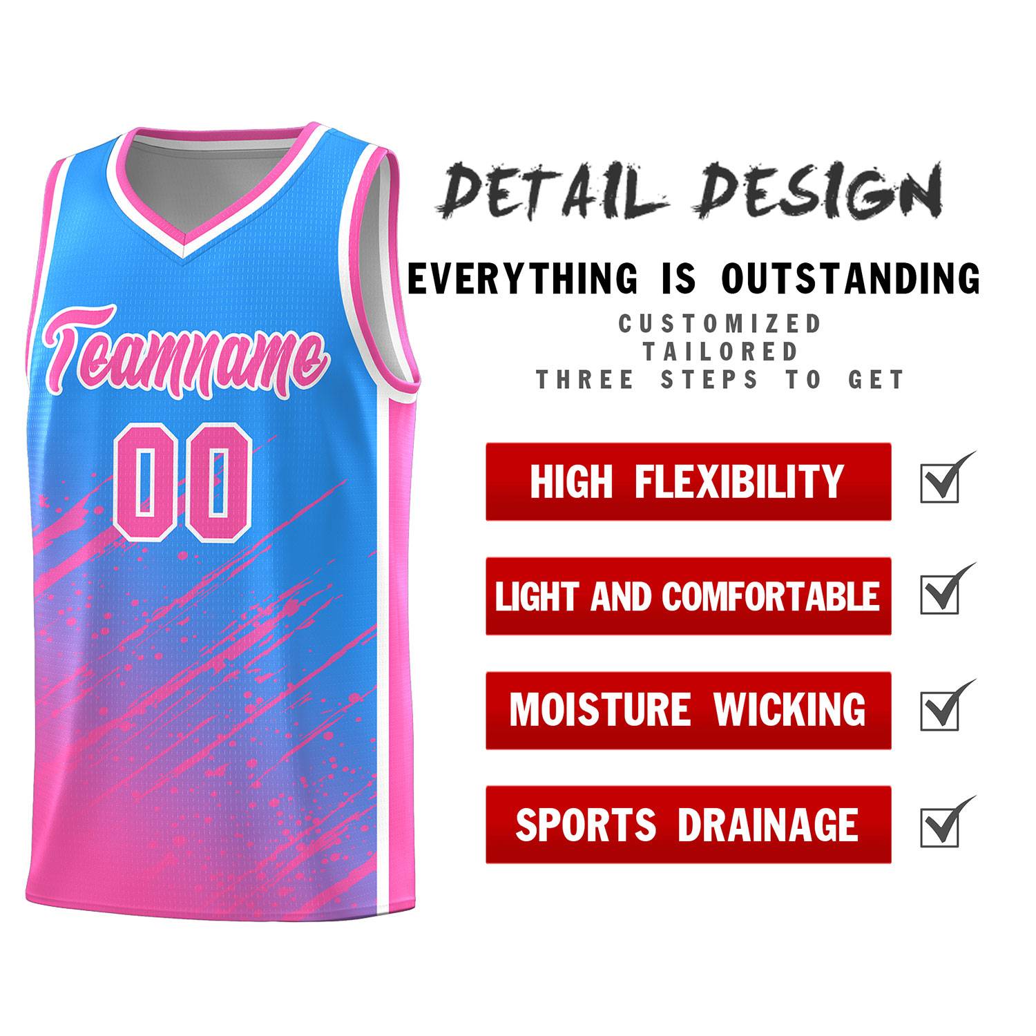 Custom Powder Blue Basketball Kits With Pink Paint Graffiti