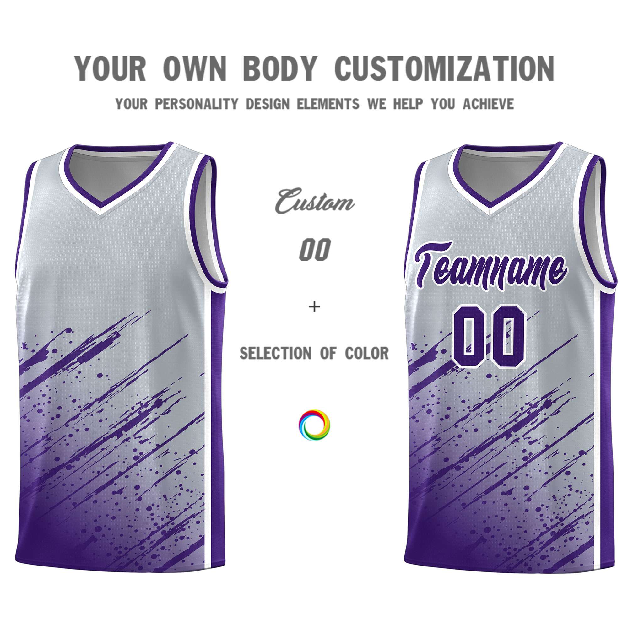 Custom Gray Basketball Kits With Purple Paint Graffiti