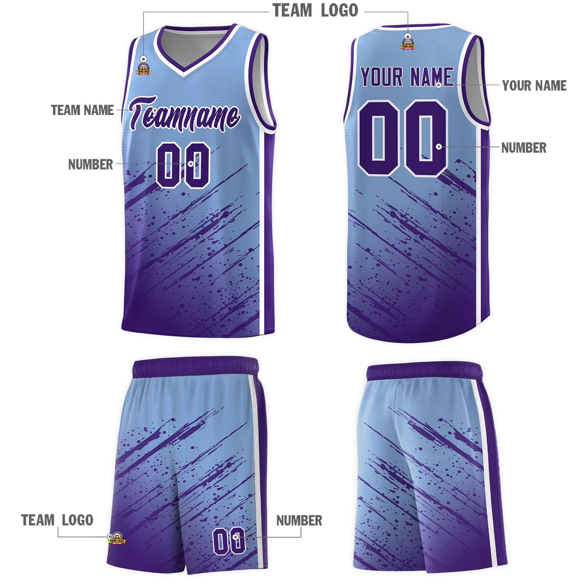 Custom Light Blue Basketball Kits With Purple Paint Graffiti