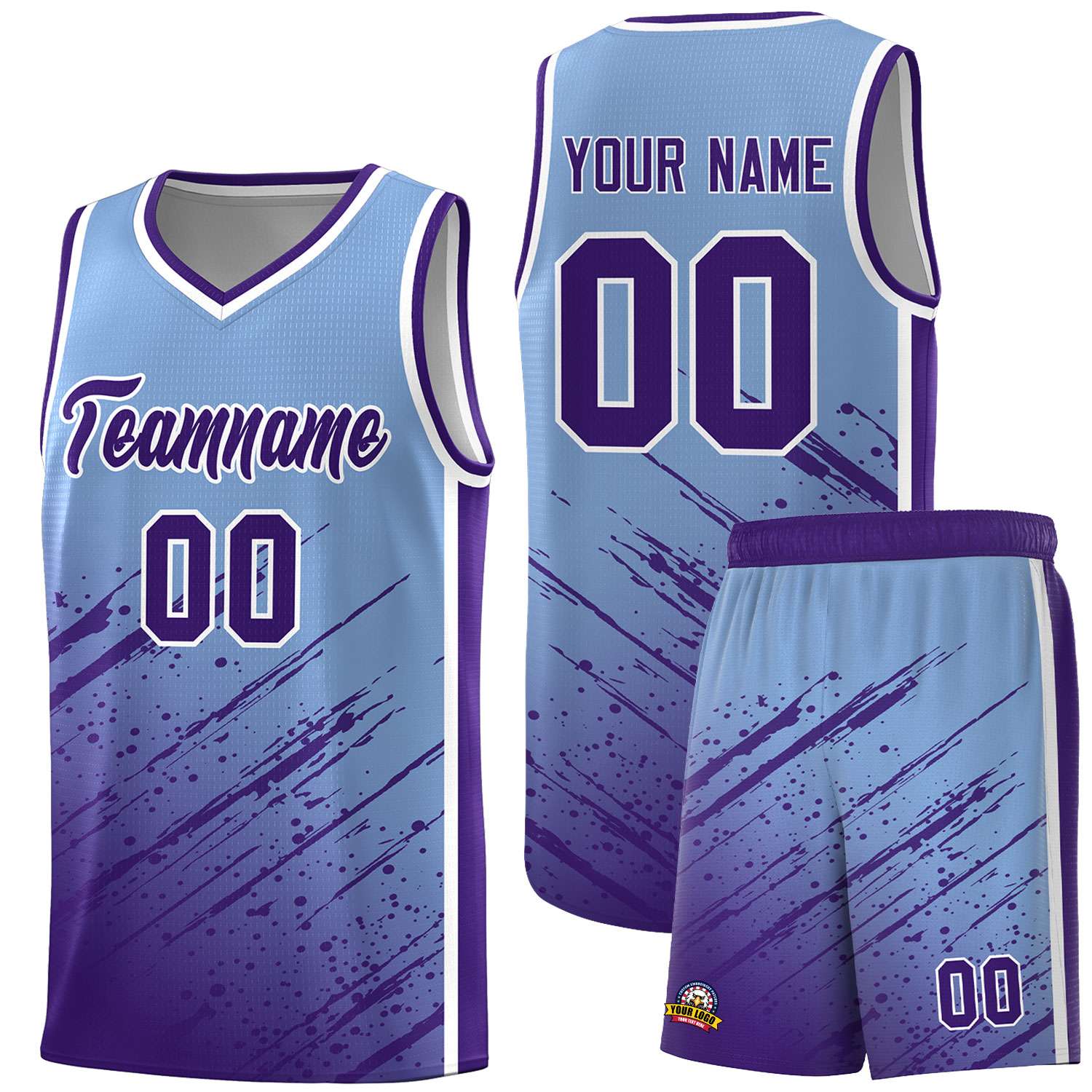 Custom Light Blue Basketball Kits With Purple Paint Graffiti