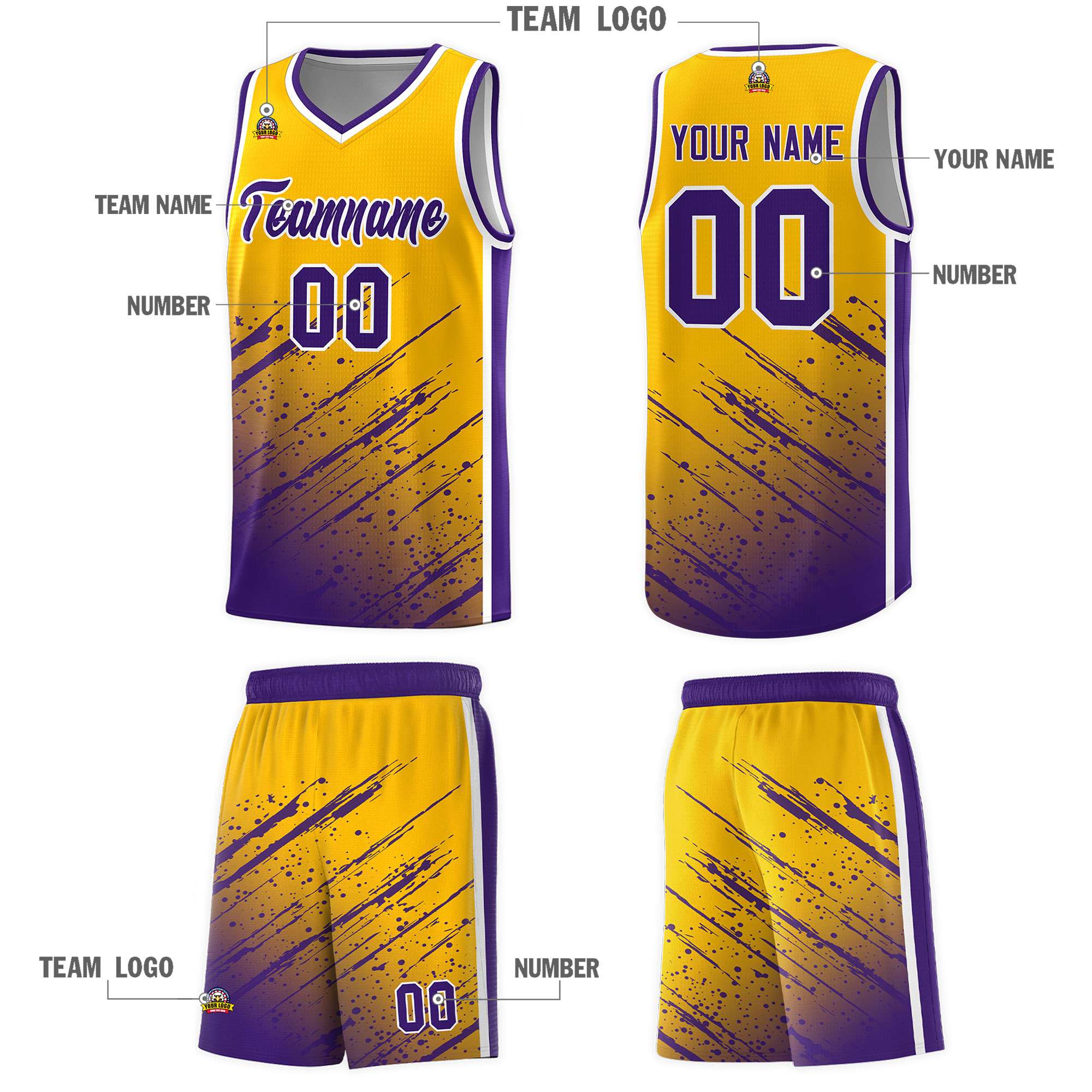 Custom Yellow Basketball Kits With Purple Paint Graffiti