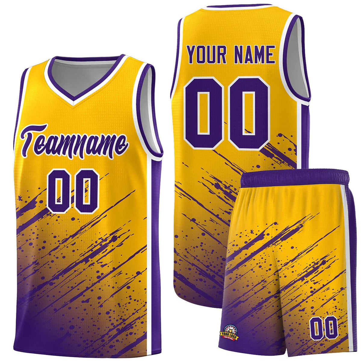 Custom Yellow Basketball Kits With Purple Paint Graffiti