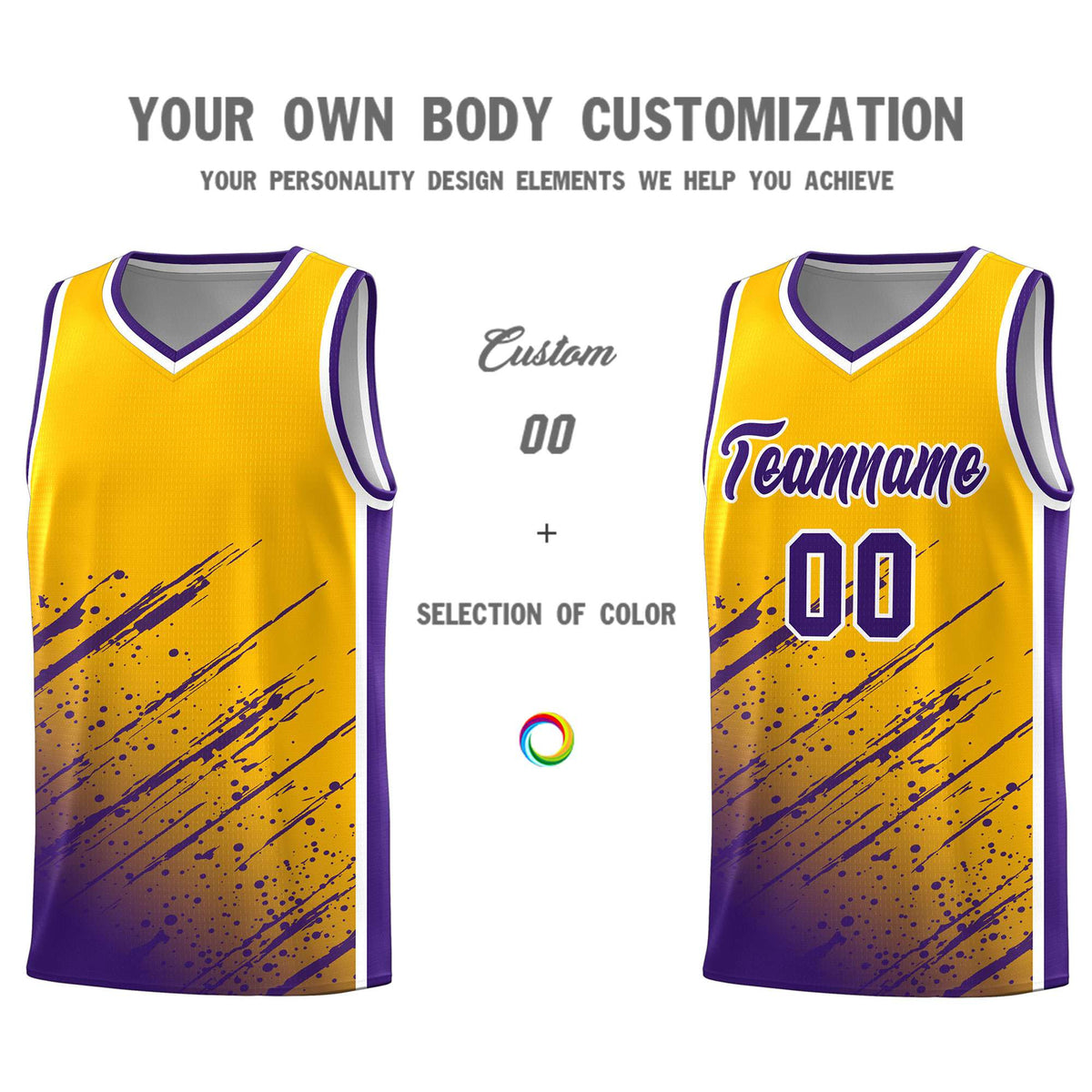Custom Yellow Basketball Kits With Purple Paint Graffiti