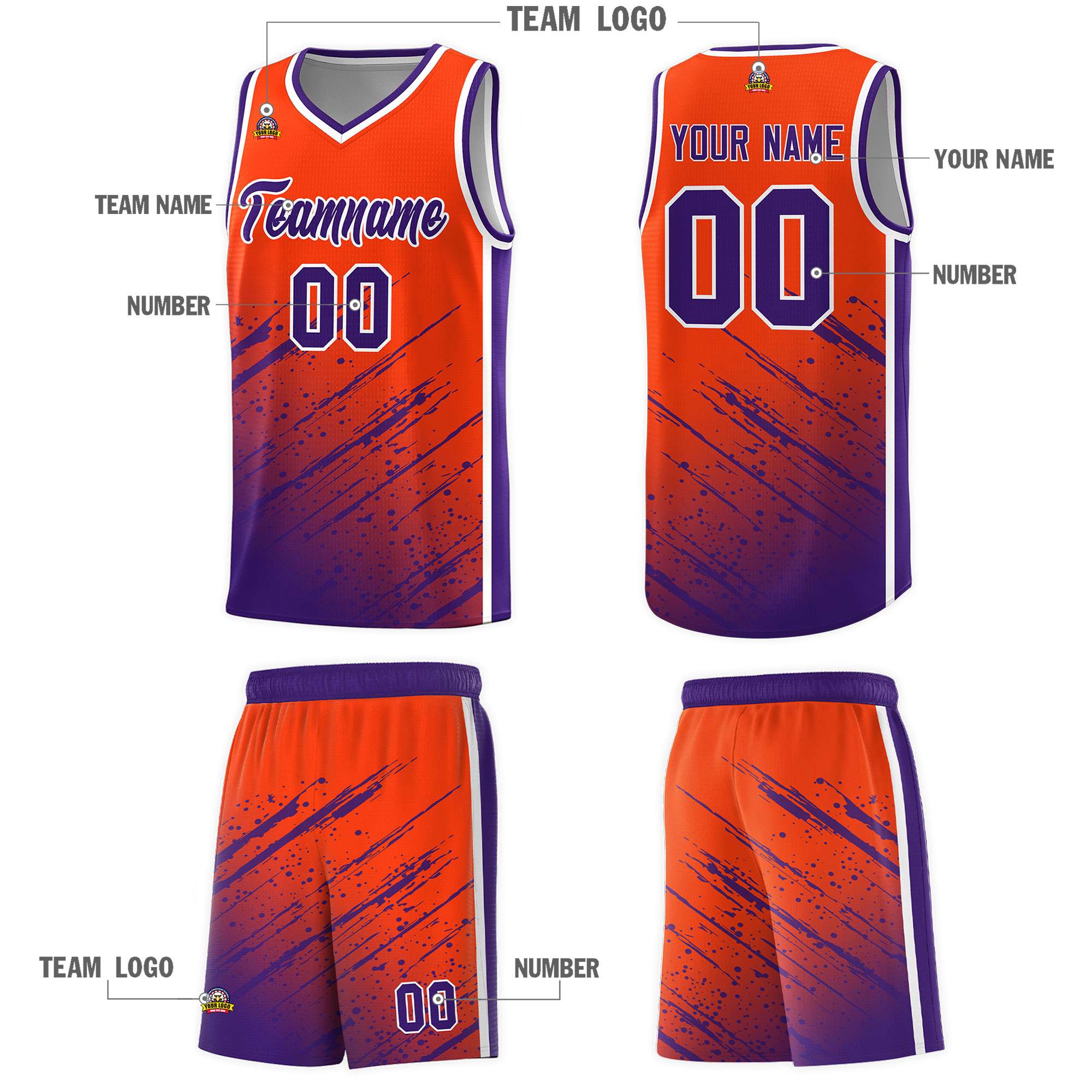 Custom Orange Basketball Kits With Purple Paint Graffiti