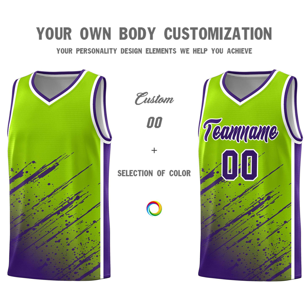 Custom Neon Green Basketball Kits With Purple Paint Graffiti