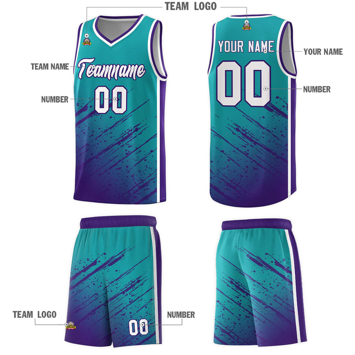 Custom Aqua Basketball Kits With Purple Paint Graffiti