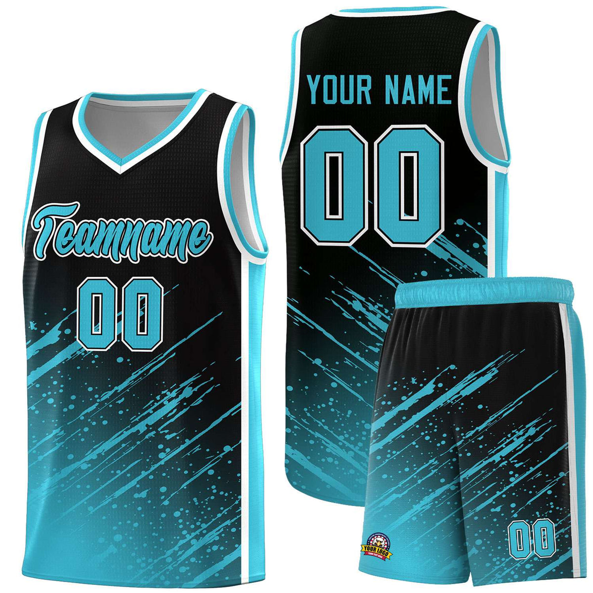 Custom Black Basketball Kits With Sky Blue Paint Graffiti