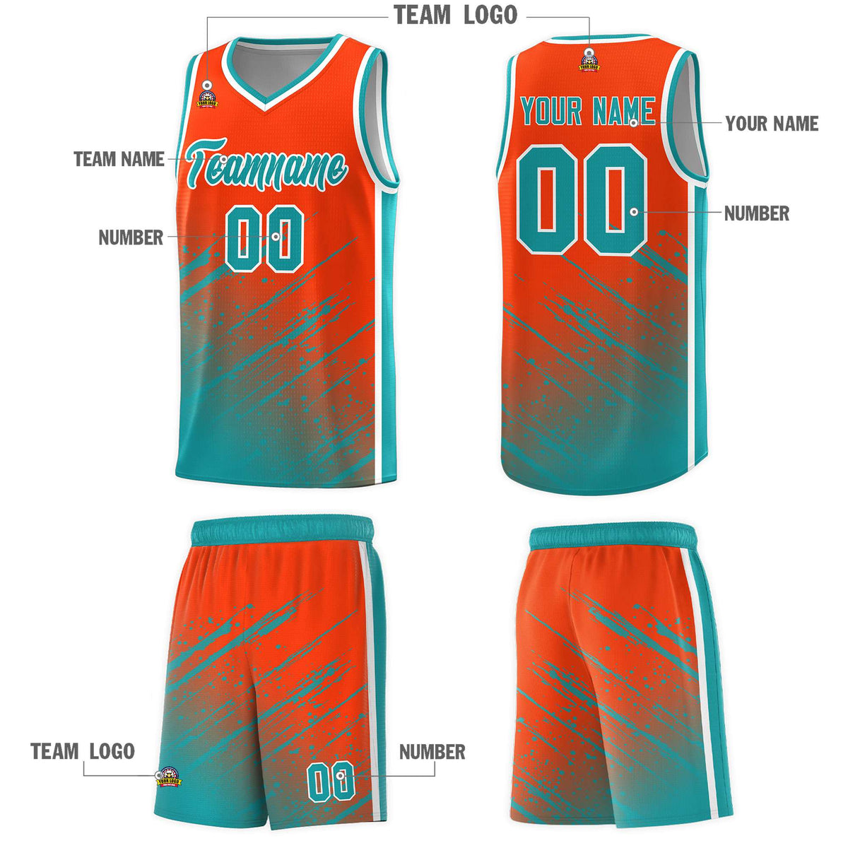Custom Orange Basketball Kits With Aqua Paint Graffiti