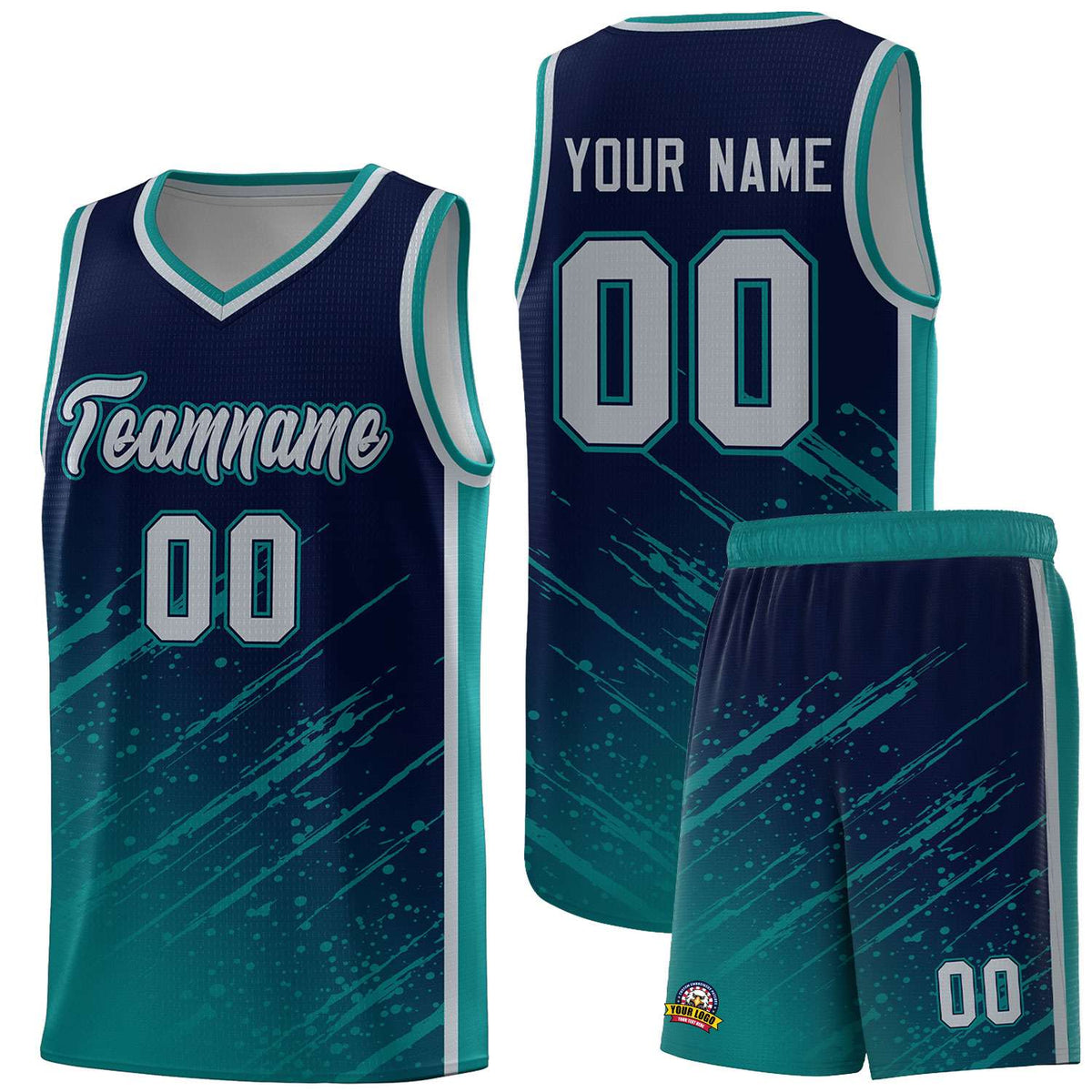 Custom Navy Basketball Kits With Aqua Paint Graffiti