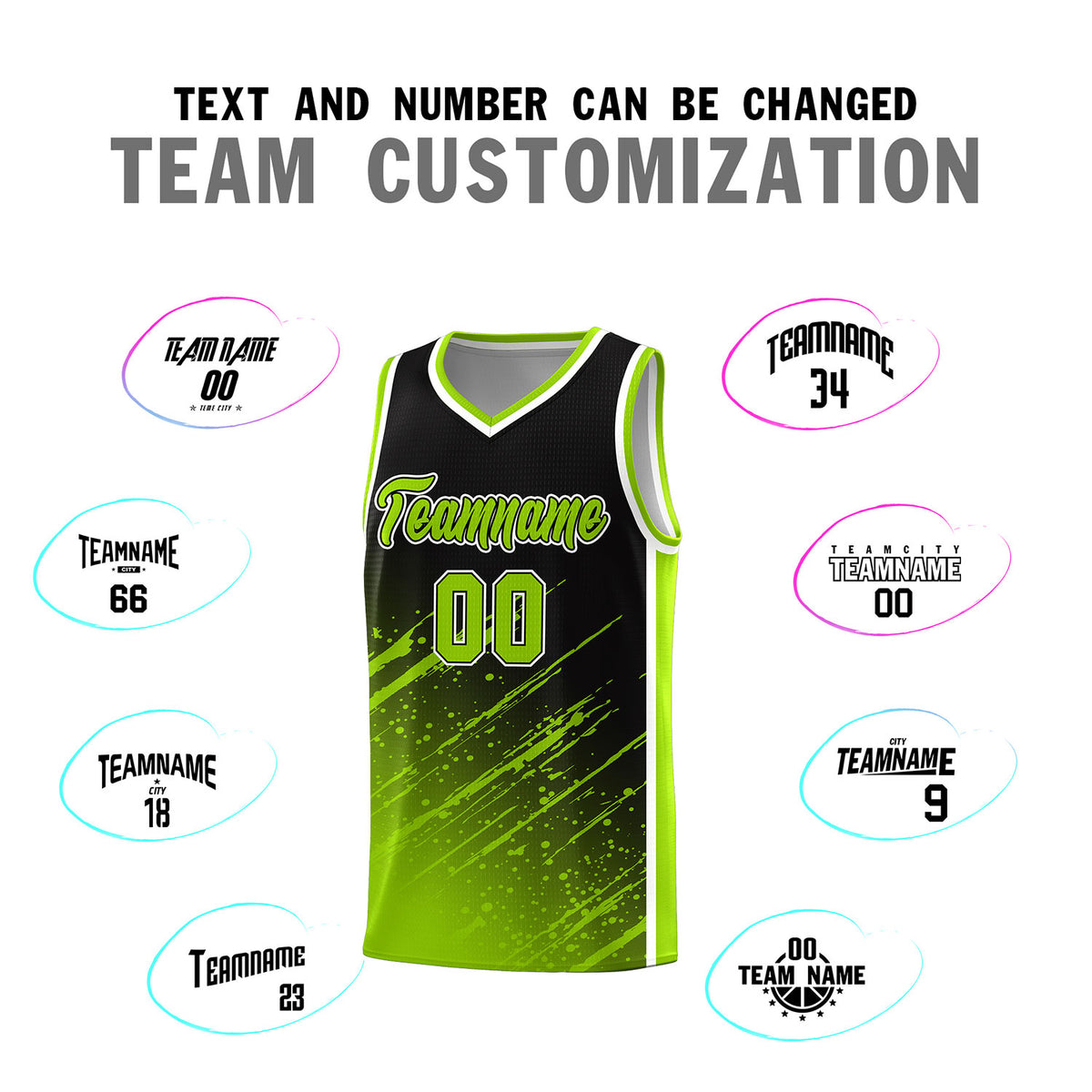 Custom Black Basketball Kits With Neon Green Paint Graffiti