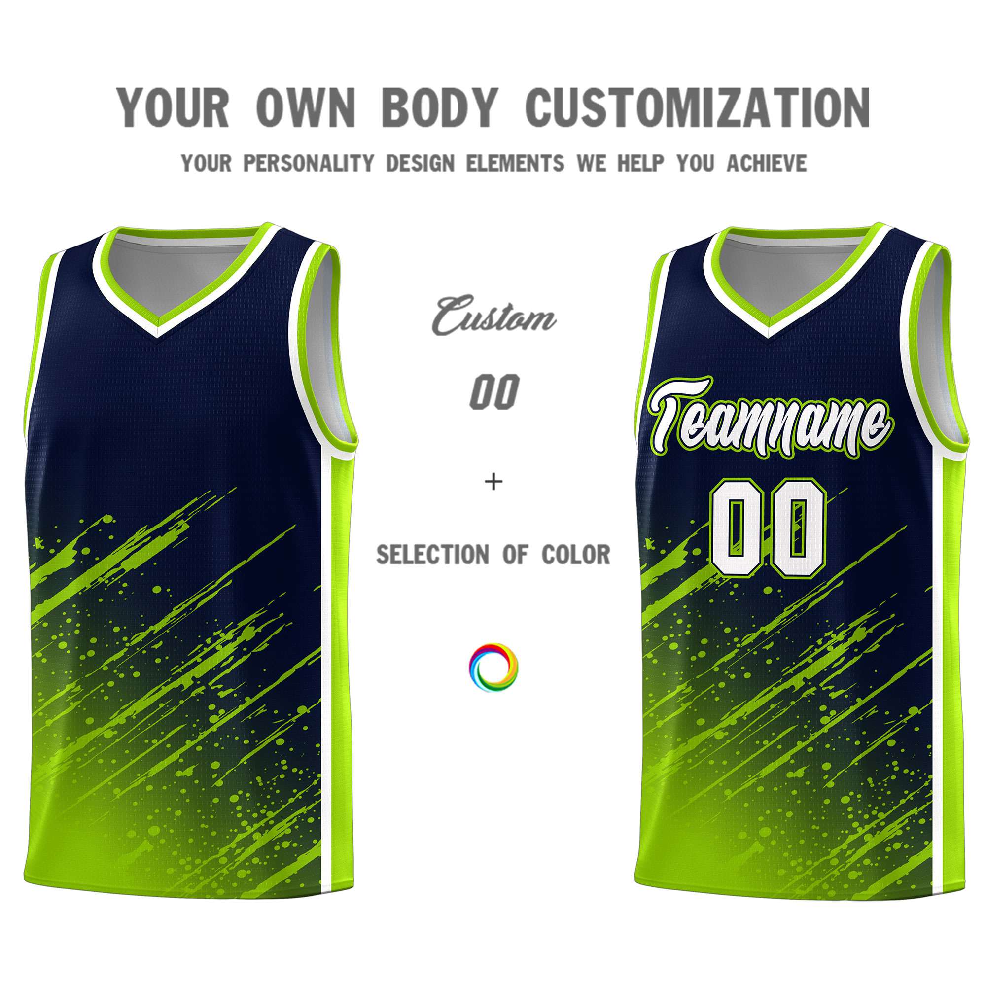 Custom Navy Basketball Kits With Neon Green Paint Graffiti
